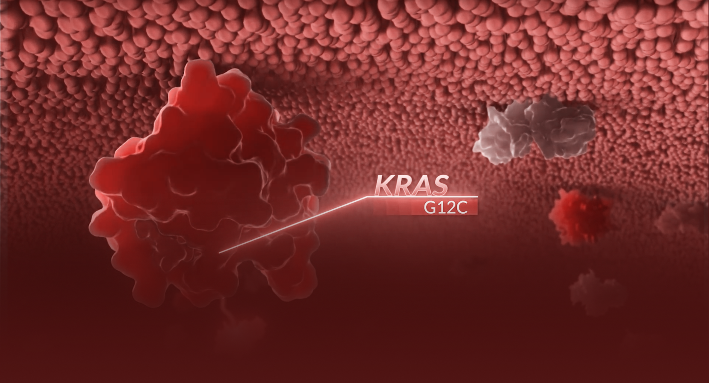 3D rendering of a lung cancer cell KRAS G12C mutation on a red background.