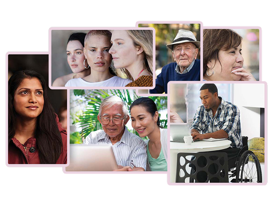 Collage of multiple people of diverse ages and backgrounds shown in everyday settings, including close-up portraits, conversations
