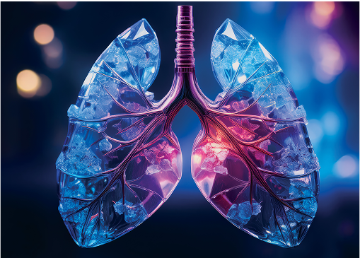 Pair of human lungs with a detailed and artistic representation. The lungs are depicted with a transparent, crystalline structure, highlighting the bronchial tubes and alveoli.