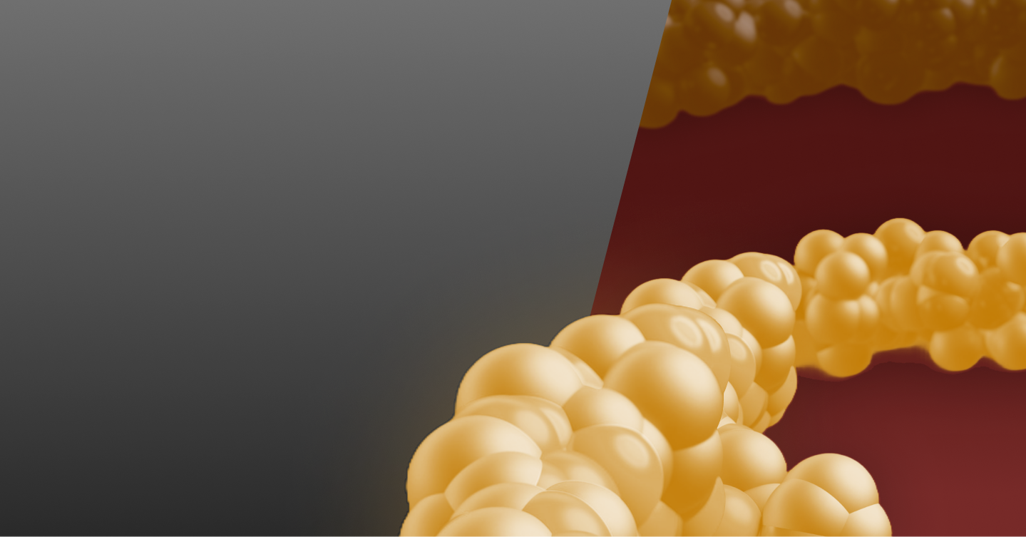 Close-up view of a chain of golden-yellow spherical particles against a gradient background transitioning from dark gray on the left to deep red on the right. The spheres are connected, forming a curved structure extending from the bottom left to the upper right corner.