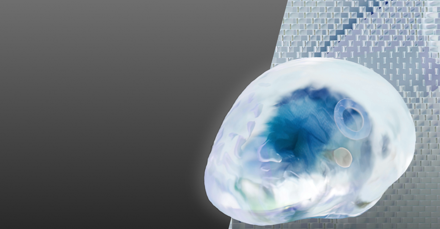 A 3D rendering of a molecule with a clear layer and blue center on a gray background illustrating the investigational medication.